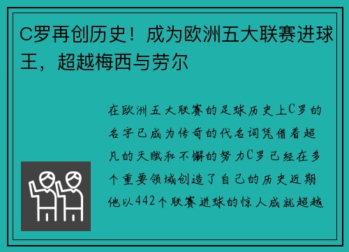 C罗再创历史！成为欧洲五大联赛进球王，超越梅西与劳尔