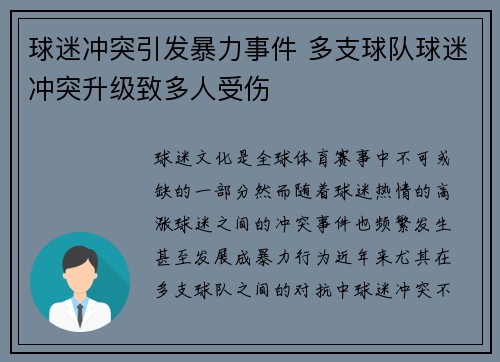 球迷冲突引发暴力事件 多支球队球迷冲突升级致多人受伤